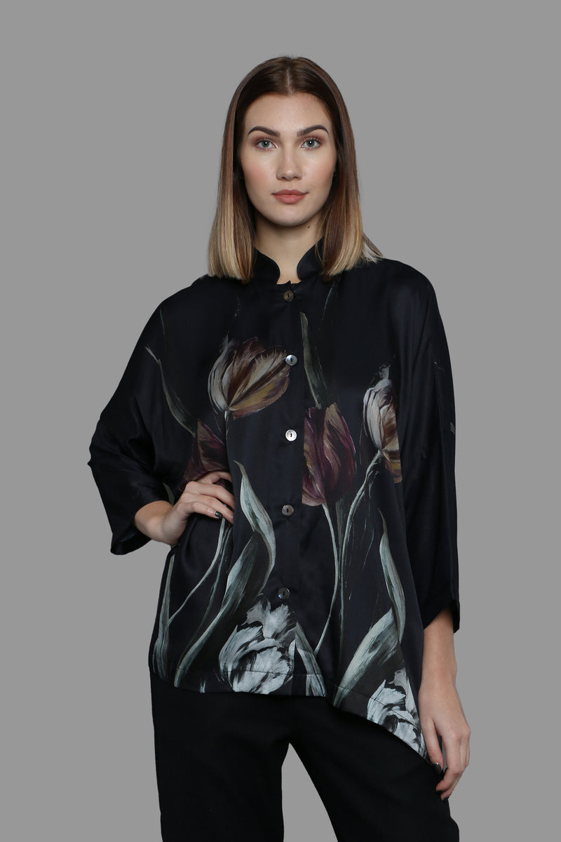 Model featuring a shirt with a tulip print